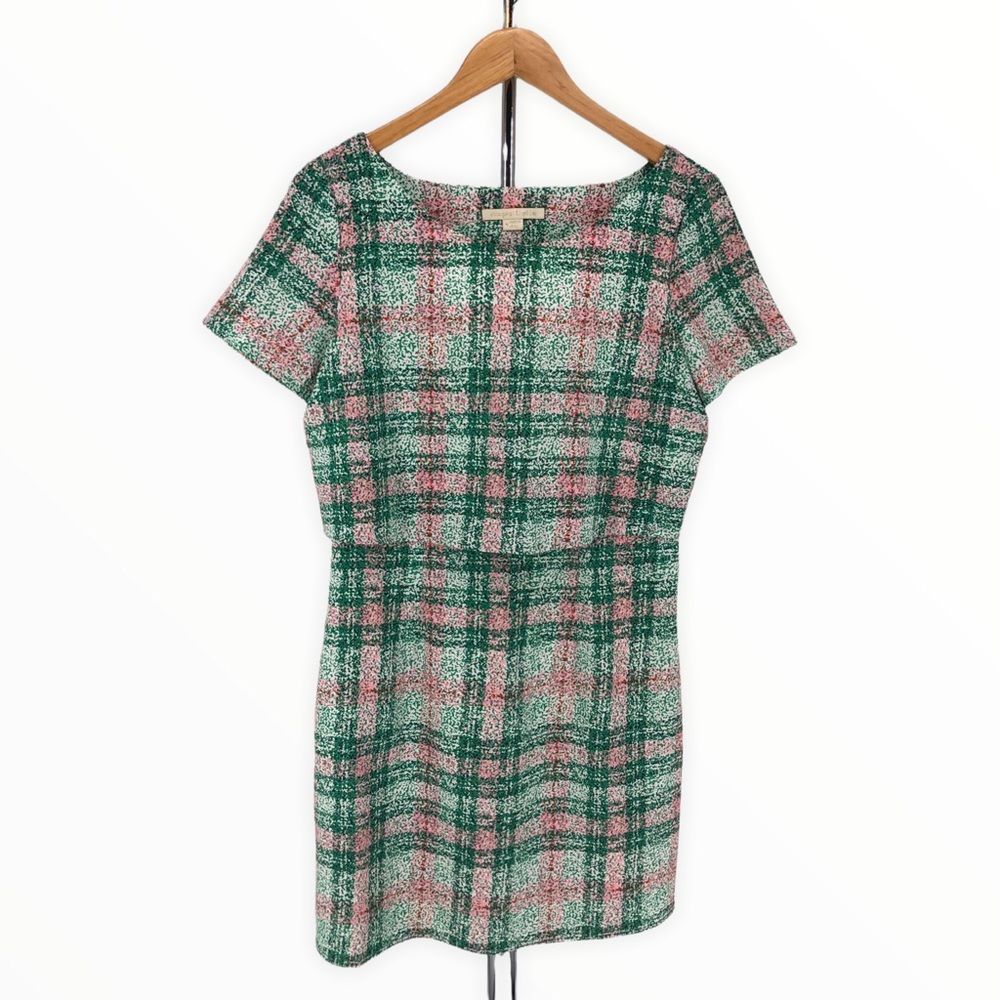 Cooper & Ella Pink Green Plaid Print Back Cutout Short Sleeve Dress size Small - Picture 3 of 12